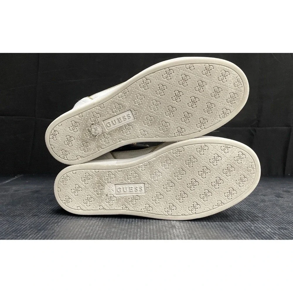 Guess 🤎🖤💛Wedge Heel Sneakers White Leather Gold Trim Monogram‎ Logo Size 5 US